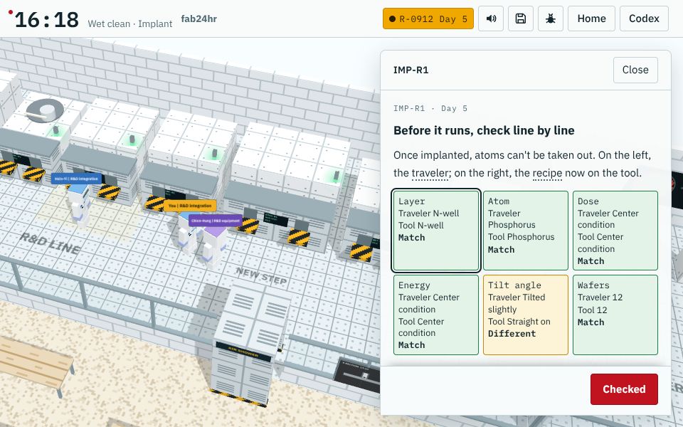 Checking the run card against the implant recipe line by line: the tilt angle differs