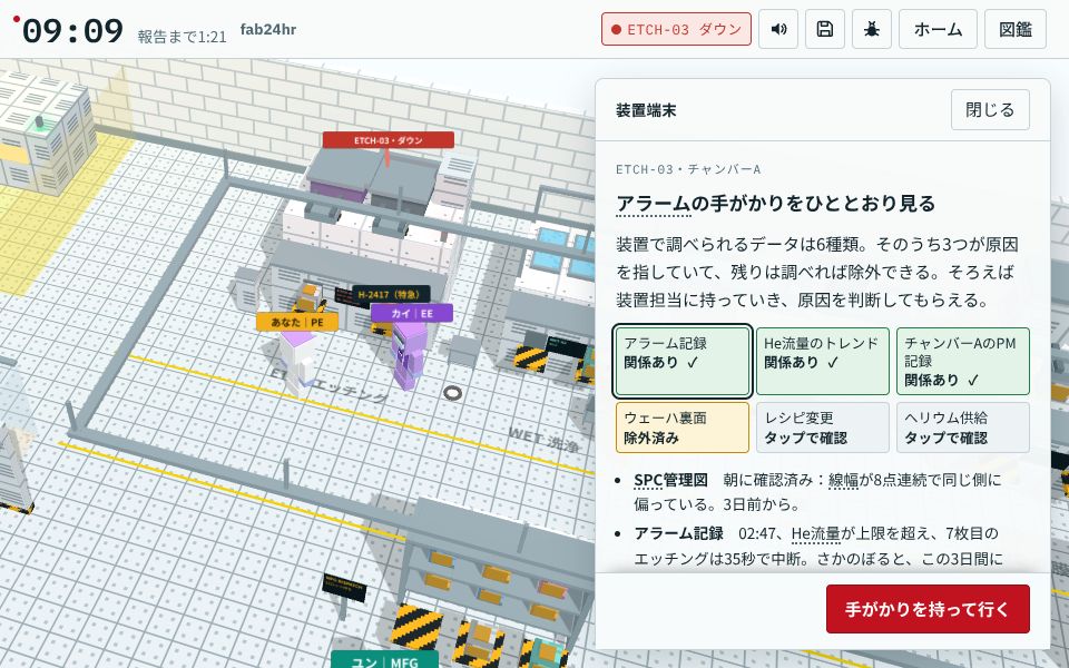 装置端末でアラームの手がかりを確認：3つが関係あり、1つは除外
