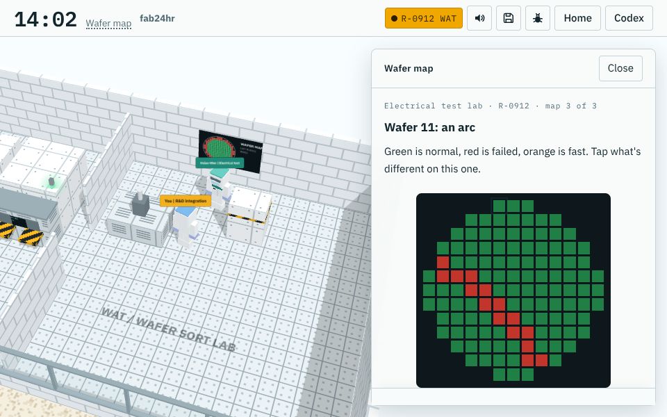 Wafer map: an arc of failed dies left by a handling scratch