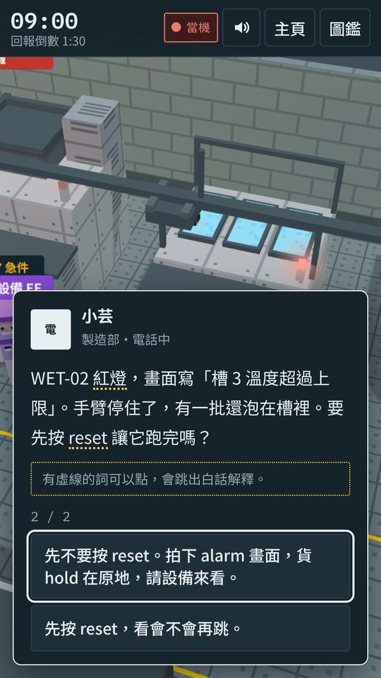 ゲーム画面:洗浄装置に赤ランプが点き、会話ウィンドウに2つの選択肢