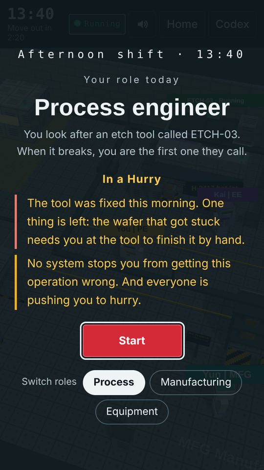 Gameplay: the "Your role today" card with the choice of Process, Manufacturing or Equipment