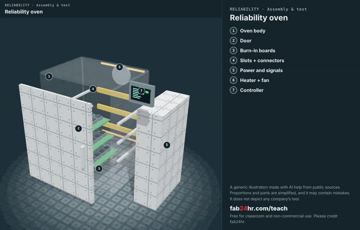 Reliability oven taken apart: a 3D model with each part numbered and named