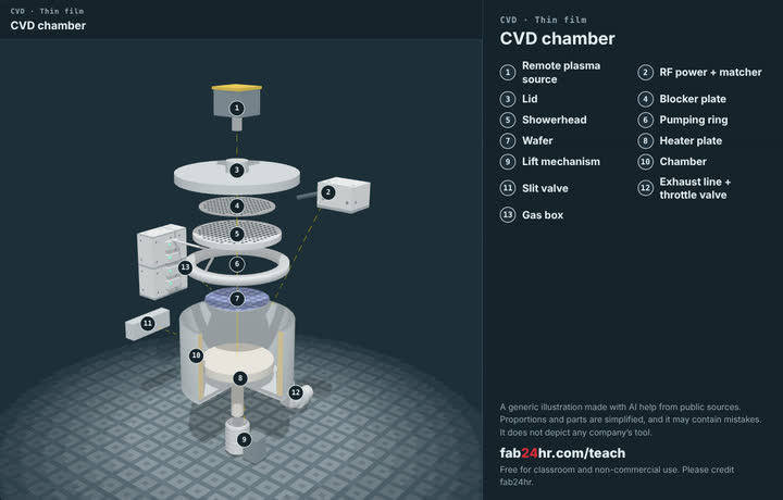 CVD chamber taken apart: a 3D model with each part numbered and named