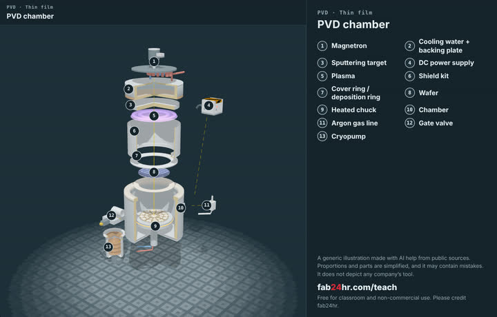 PVD chamber taken apart: a 3D model with each part numbered and named