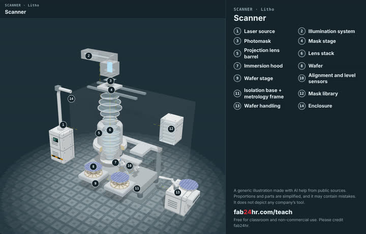 Scanner taken apart: a 3D model with each part numbered and named