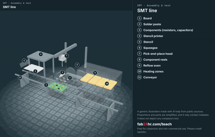SMT line taken apart: a 3D model with each part numbered and named