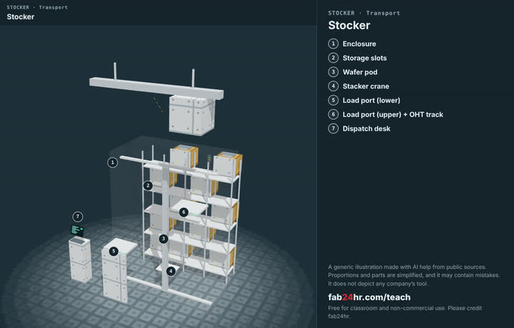 stocker taken apart: a 3D model with each part numbered and named